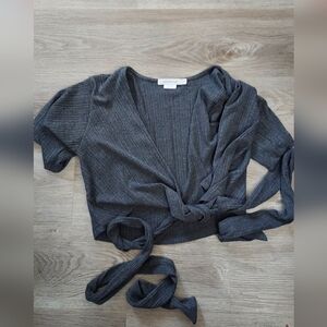 Frances Hart Gray Crop Wrap Blouse with Tie Front